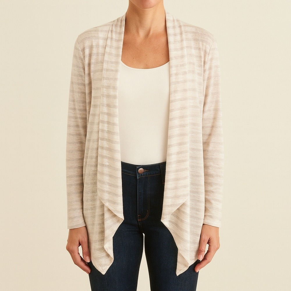 Alberto Makali Large Silver Metallic Striped Draped Open Front‎ Cardigan (K344)